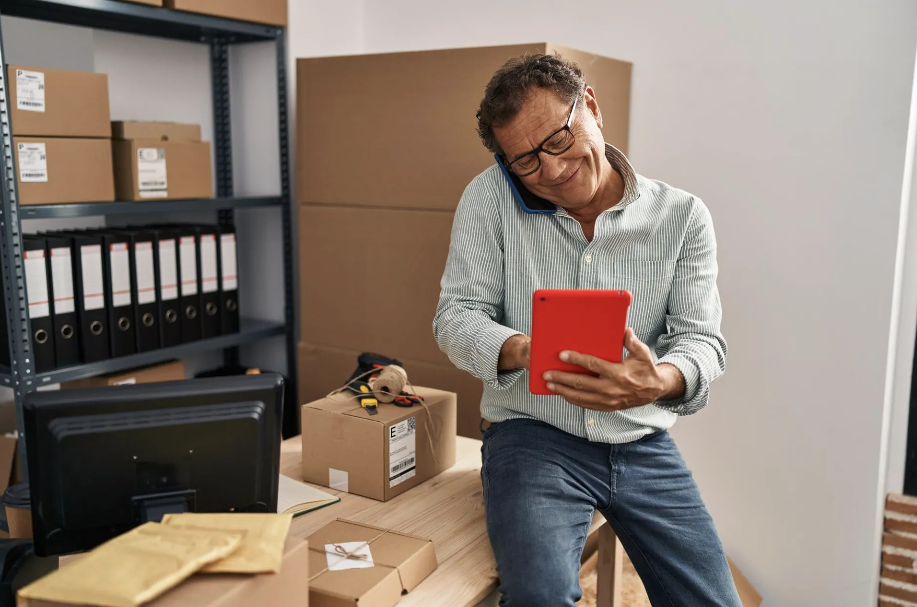 hombre usando tablet para gestionar su stock