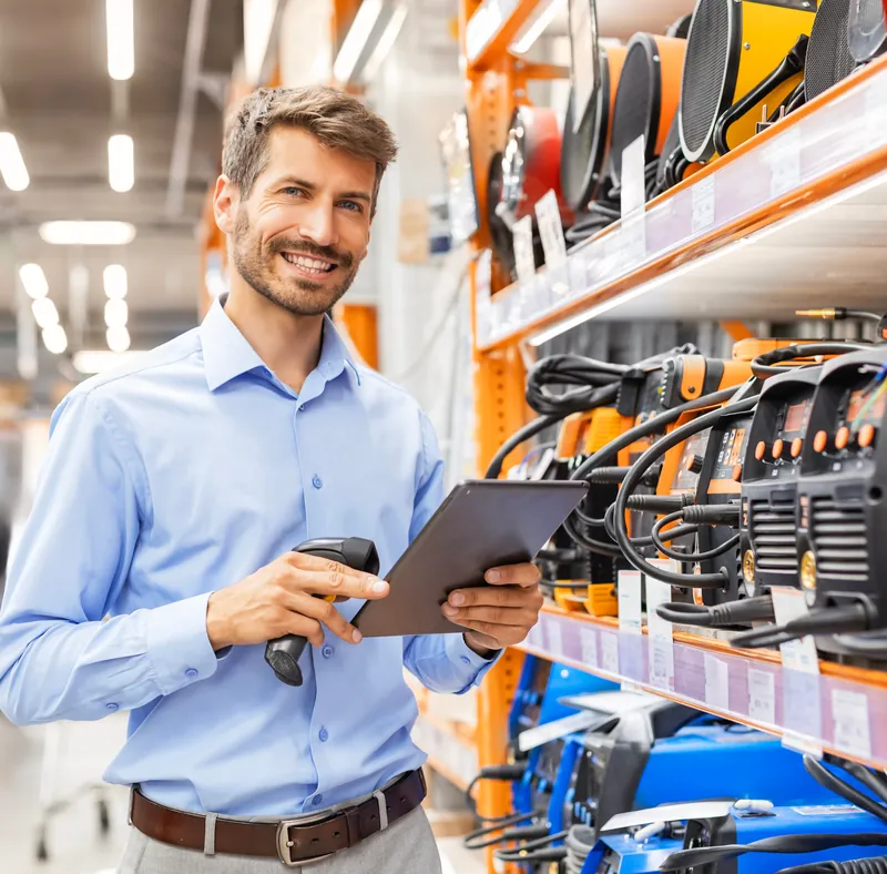 Encargado de sucursal consultando el stock en una tablet